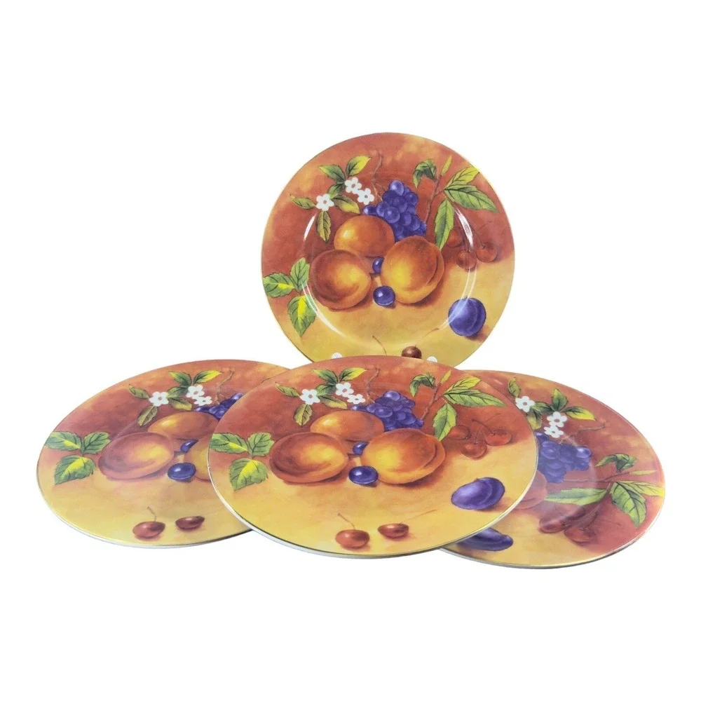 T‎ LIMOGES Fruit Porcelain Plate Dish Casa Elite France Set 4 Colorful Fruit VTG